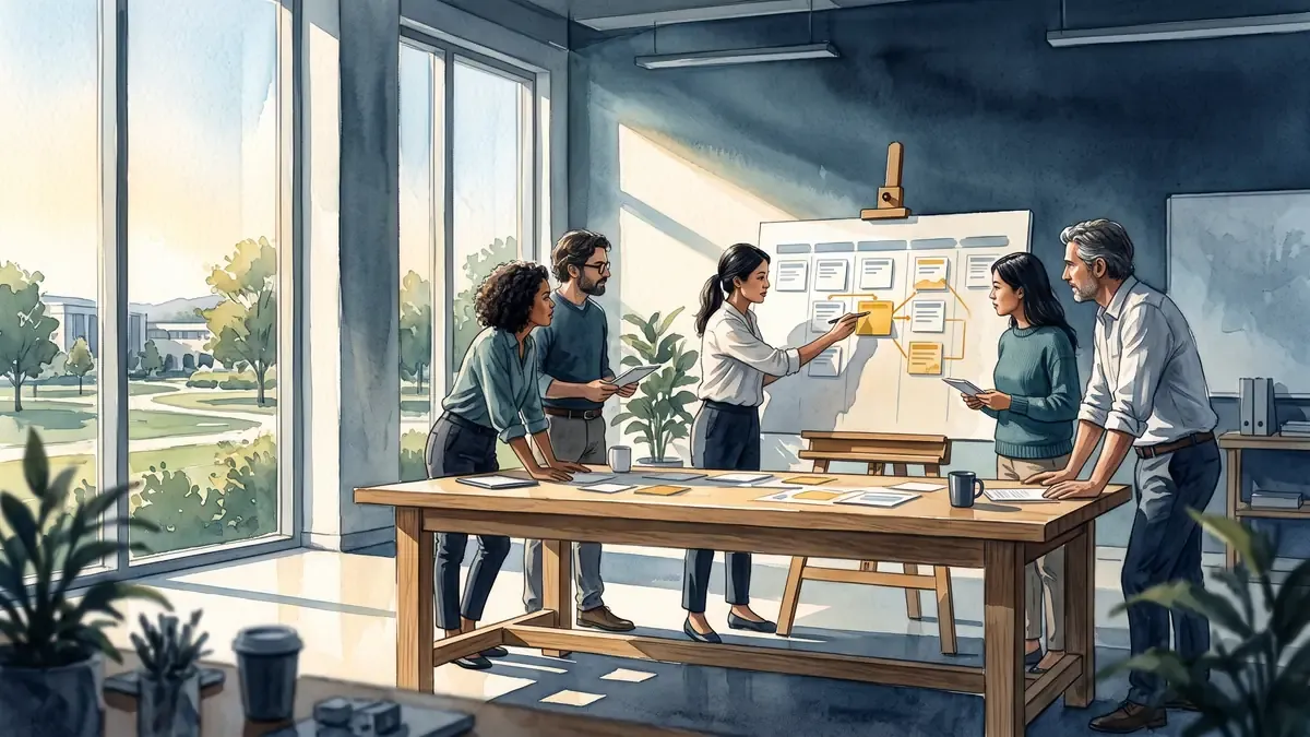Watercolor and gouache illustration of a delivery team reviewing a highlighted release threshold in a sunlit operations command center