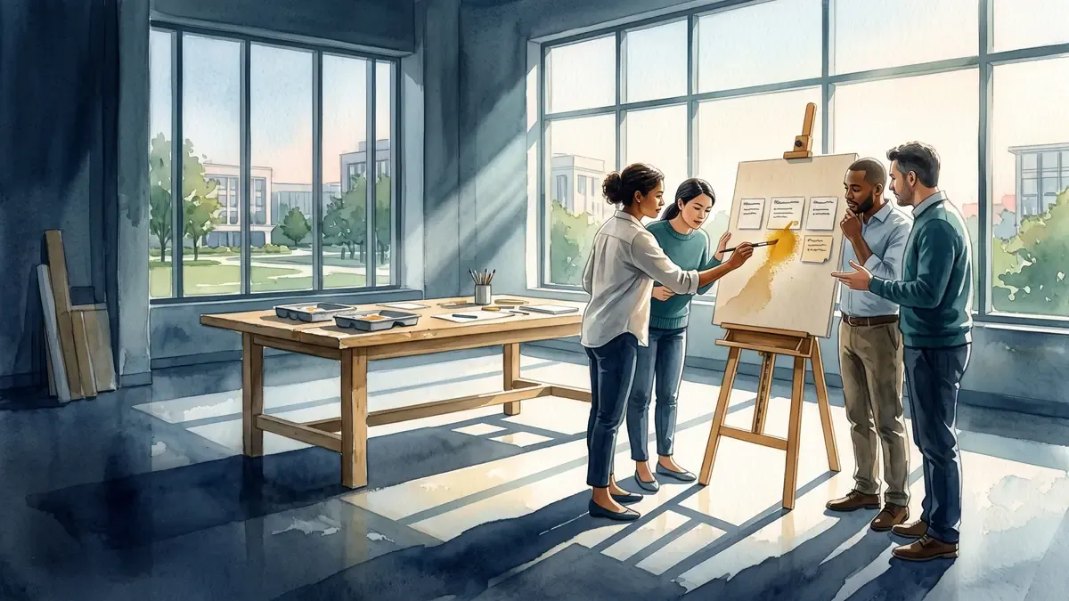 A collaborative model-review workshop painted in architectural watercolor and gouache