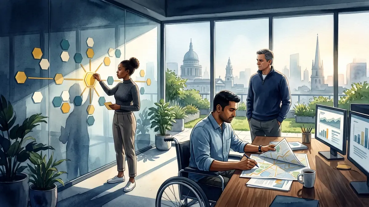 A team comparing work and feedback in an architectural watercolor and gouache strategy room