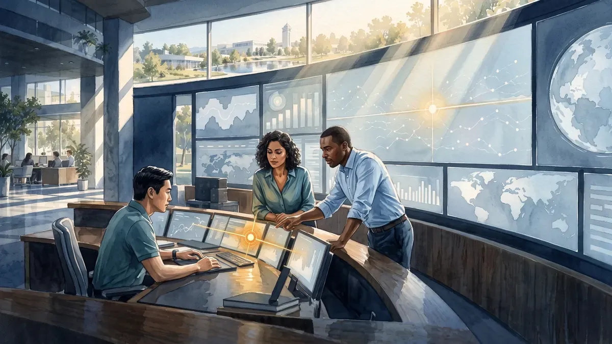 Colleagues reviewing operational evidence in an architectural watercolor and gouache command room