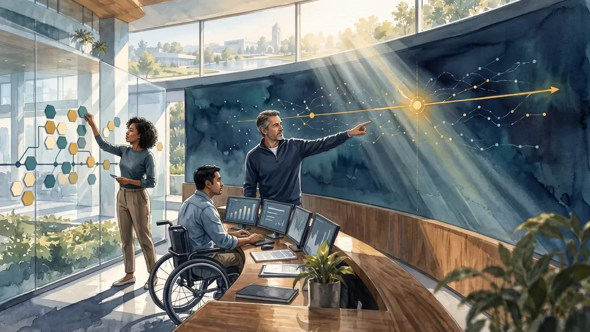 A view of automated operations and their interfaces painted in architectural watercolor and gouache